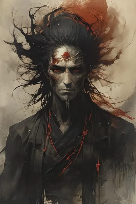 ((The character looks like he is in his late twenties or early thirties. He has black shoulder-length hair. His weapon is a one-handed sword. His uniform is quite similar to a shinigami uniform from Bleach, except that the outer robe is black and the inner robe is dark red. Either no beard or a three-day beard. While his eyes are red, they are so dark that they border on black. He is absolutely insane and evil and it shows.)), <lora:Desolation:0.25>, <lora:The_Dark_Side_of_the_Earth:0.75>, <lora:NicolaSamori:0.5>, <lora:DarkGrimFantasyXL:0.8> drkms