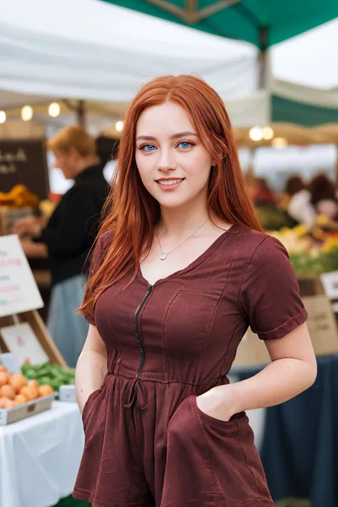 (raw photo, masterpiece, best quality, hyperrealism), (dslr, medium shot, 55mm focal length, f/1.8 aperture), photo of a cute woman "anna" with red hair outdoors at a farmers market, wearing a romper:1.2, detailed fabric, detailed skin