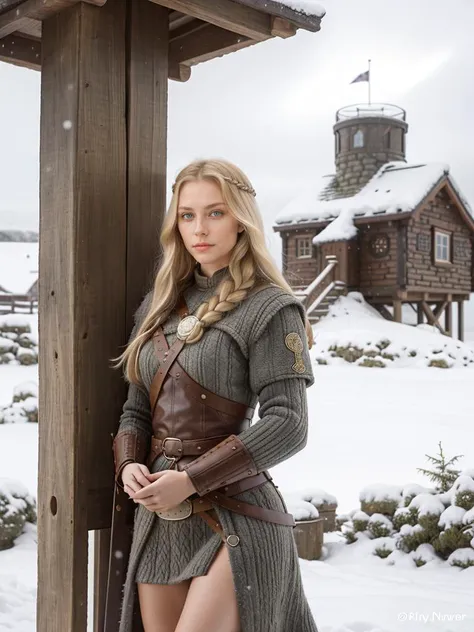 an armed woman holding a round Viking shield, long think blonde hair moved by the wind, on top of a medieval watch tower, windy winter noon, realistic fantasy illustration
