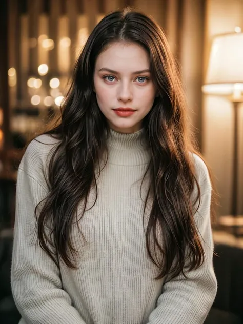 Photographic portrait, cute 18 year old woman, pale skin, highly detailed face, long black wavy hair, seducing facial expression, wearing a cozy sweater, velvet choker, year 1963, dark background, warm colors, RAW candid cinema, 16mm, color graded portrait. 400 film, remarkable color, ultra realistic, captured on a (Nikon D850) <lyco:add_detail:1>, RAW photo, full sharp, 8k uhd, dslr, soft lighting, high quality, film grain, Fujifilm XT3