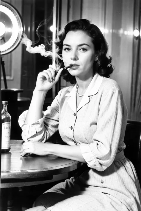 western old film, an 1950 Paris, cinematic shot, a 1950's , 1950 year, a woman is (smoking:1.2) sitting at old round table, cigarette in her hands, bright light above her, she is looking at you, b&w, black and white, add film grain and noise, noisy moviet simplex noise