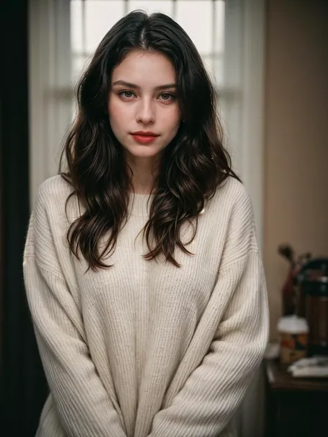 Photographic portrait, in the style of Richard Avedon, cute 18 year old woman, pale skin, highly detailed face, long black wavy hair, seducing facial expression, wearing a cozy sweater, 1950s, dark background, warm colors, RAW candid cinema, 16mm, color graded portrait. 400 film, remarkable color, ultra realistic, captured on a (Nikon D850) <lyco:add_detail:1>, RAW photo, full sharp, 8k uhd, dslr, soft lighting, high quality, film grain, Fujifilm XT3