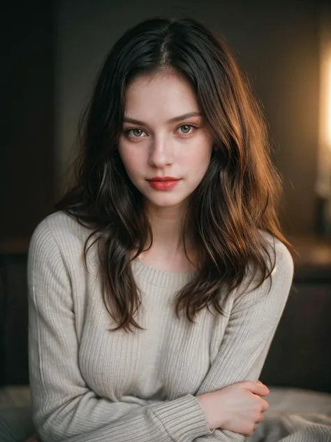 Photographic portrait, in the style of Richard Avedon, cute 18 year old woman, pale skin, highly detailed face, long black wavy hair, seducing facial expression, wearing a cozy striped sweater, year 1963, dark background, warm colors, RAW candid cinema, 16mm, color graded portrait. 400 film, remarkable color, ultra realistic, captured on a (Nikon D850) <lyco:add_detail:1>, RAW photo, full sharp, 8k uhd, dslr, soft lighting, high quality, film grain, Fujifilm XT3