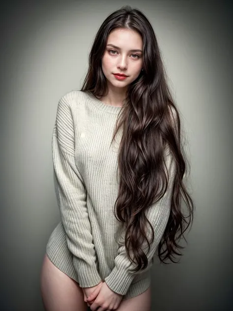 Photographic portrait, in the style of Richard Avedon, cute 18 year old woman, pale skin, highly detailed face, long black wavy hair, seducing facial expression, wearing a cozy quill gray vertical-striped sweater, year 1963, dark background, warm colors, RAW candid cinema, 16mm, color graded portrait. 400 film, remarkable color, ultra realistic, captured on a (Nikon D850) <lyco:add_detail:1>, RAW photo, full sharp, 8k uhd, dslr, soft lighting, high quality, film grain, Fujifilm XT3