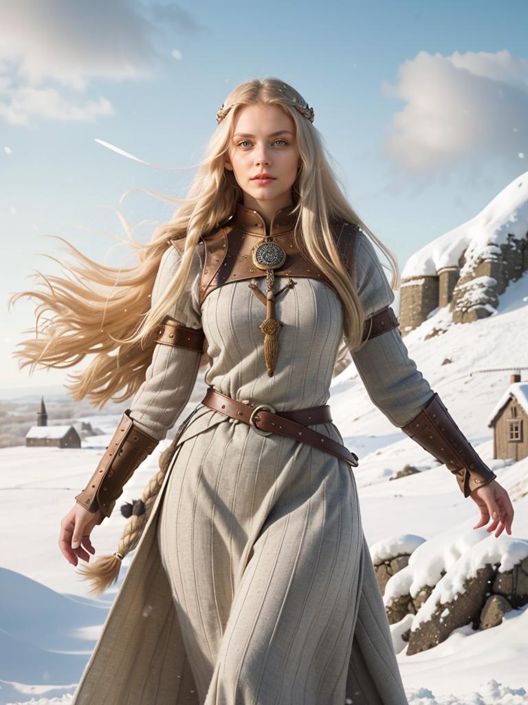 A woman in a long dress is walking through the snow - SeaArt AI