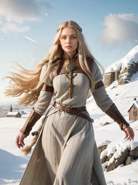 an armed female Viking warrior, long think blonde hair moved by the wind, standing on a medieval watch tower, windy winter noon, fantasy illustration