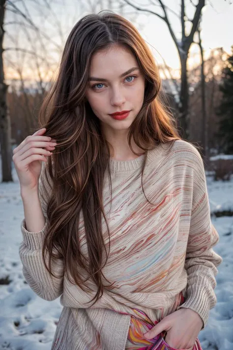 Photographic portrait, cute young slender woman, pale skin, (absurdly long wavy chocolate hair ), seducing pose, (wearing (Colorful Marbled Paper:1.2) sweater). winter outdoor, warm colors, RAW candid cinema, 16mm, ultra realistic, captured on a (Nikon D850) <lyco:add_detail:1>, RAW photo, full sharp, 8k uhd, dslr, soft lighting, high quality, film grain, Fujifilm XT3