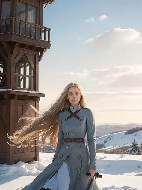 an armed woman, long think blonde hair moved by the wind, on top of a medieval watch tower, windy winter noon, realistic fantasy illustration