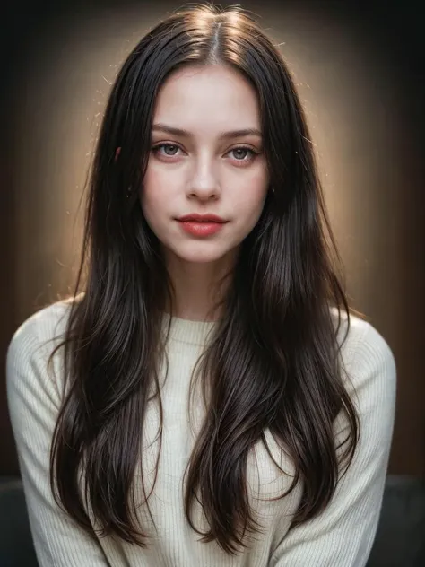 Photographic portrait, cute 18 year old woman, pale skin, highly detailed face, long black wavy hair, seducing facial expression, wearing a cozy sweater, year 1963, dark background, warm colors, RAW candid cinema, 16mm, color graded portrait. 400 film, remarkable color, ultra realistic, captured on a (Nikon D850) <lyco:add_detail:1>, RAW photo, full sharp, 8k uhd, dslr, soft lighting, high quality, film grain, Fujifilm XT3