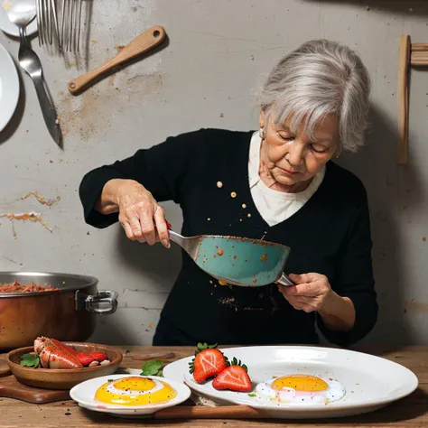 <lora:LowRA:0.3>, analog photograph of a old woman cooking lobster (rotten strawberry, fried egg) spaghetti on a rustic kitcken, spoon, knife, dish, pan, on the wall at the background
break; cheese, Bolognese sauce splatter, onions
