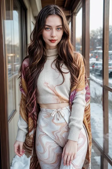Photographic portrait, cute young slender woman, pale skin, (absurdly long wavy chocolate hair ), seducing pose, (wearing (Colorful Marbled Paper:1.2) sweater). winter outdoor, warm colors, RAW candid cinema, 16mm, ultra realistic, captured on a (Nikon D850) <lyco:add_detail:1>, RAW photo, full sharp, 8k uhd, dslr, soft lighting, high quality, film grain, Fujifilm XT3