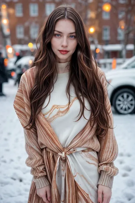 Photographic portrait, cute young slender woman, pale skin, (absurdly long wavy chocolate hair ), seducing pose, (wearing (Colorful Marbled Paper:1.2) sweater). winter outdoor, warm colors, RAW candid cinema, 16mm, ultra realistic, captured on a (Nikon D850) <lyco:add_detail:1>, RAW photo, full sharp, 8k uhd, dslr, soft lighting, high quality, film grain, Fujifilm XT3