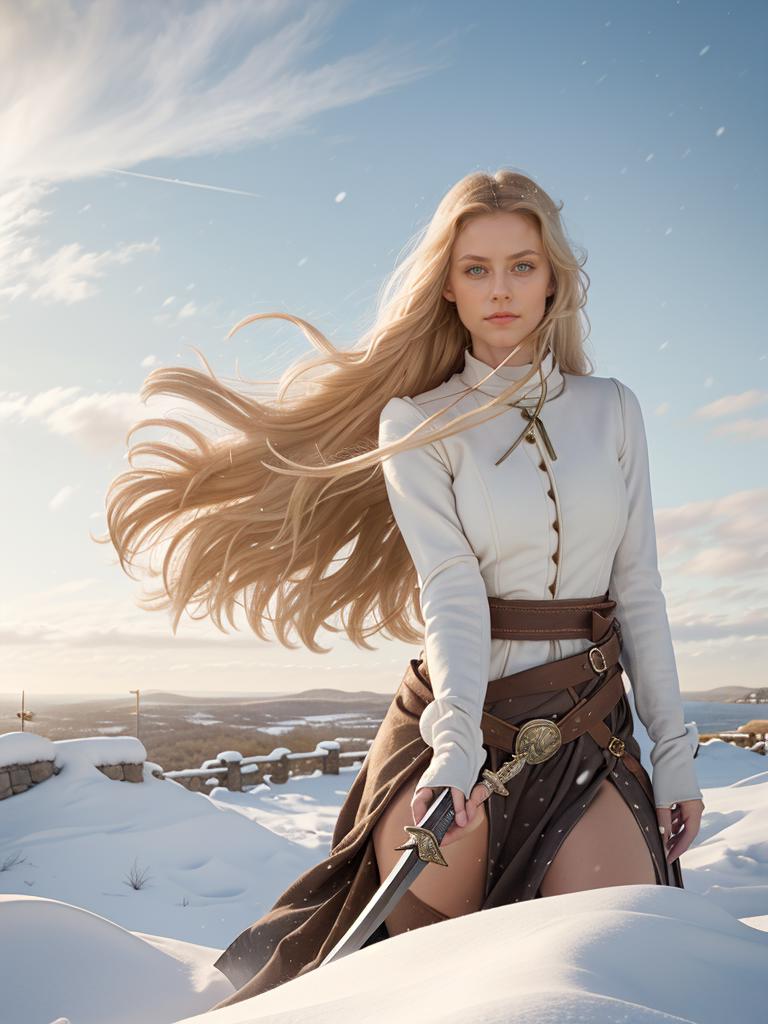Arafed woman in a white shirt and skirt standing in the snow - SeaArt AI