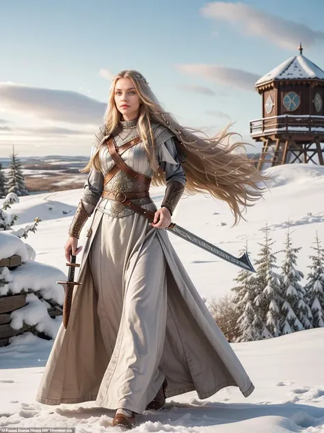 an armed female Viking warrior, long think blonde hair moved by the wind, standing on a medieval watch tower, windy winter noon, fantasy illustration <lora:add_detail:0.7>