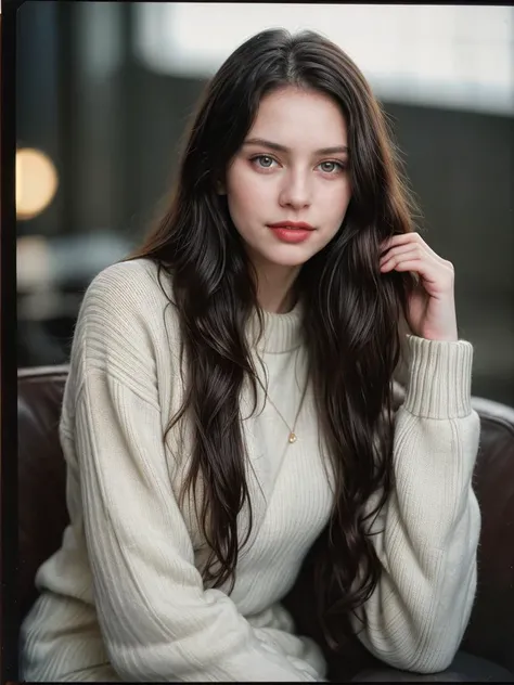 Photographic portrait, in the style of Richard Avedon, cute 18 year old woman, pale skin, highly detailed face, long black wavy hair, seducing facial expression, wearing a cozy sweater, year 1963, dark background, warm colors, RAW candid cinema, 16mm, color graded portrait. 400 film, remarkable color, ultra realistic, captured on a (Nikon D850) <lyco:add_detail:1>, RAW photo, full sharp, 8k uhd, dslr, soft lighting, high quality, film grain, Fujifilm XT3
