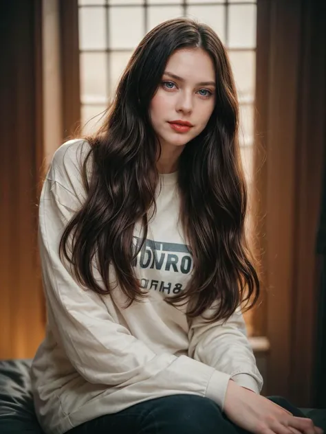 Photographic portrait, cute 18 year old woman, pale skin, highly detailed face, long black wavy hair, seducing facial expression, wearing a cozy t-shirt, year 1963, dark background, warm colors, RAW candid cinema, 16mm, color graded portrait. 400 film, remarkable color, ultra realistic, captured on a (Nikon D850) <lyco:add_detail:1>, RAW photo, full sharp, 8k uhd, dslr, soft lighting, high quality, film grain, Fujifilm XT3