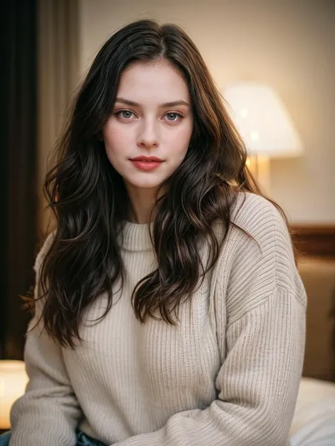 Photographic portrait, cute 18 year old woman, pale skin, highly detailed face, long black wavy hair, seducing facial expression, wearing a cozy sweater, year 1963, dark background, warm colors, RAW candid cinema, 16mm, color graded portrait. 400 film, remarkable color, ultra realistic, captured on a (Nikon D850) <lyco:add_detail:1>, RAW photo, full sharp, 8k uhd, dslr, soft lighting, high quality, film grain, Fujifilm XT3