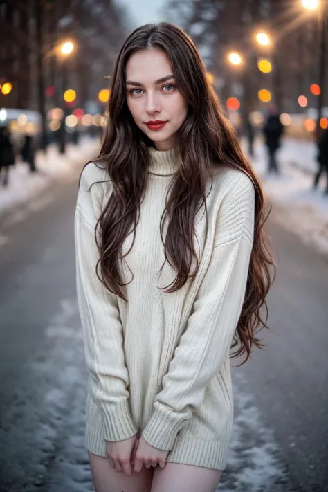 Photographic portrait, cute young slender woman, pale skin, (absurdly long wavy chocolate hair ), seducing pose, (wearing a cozy sweater). winter outdoor, warm colors, RAW candid cinema, 16mm, ultra realistic, captured on a (Nikon D850) <lyco:add_detail:1>, RAW photo, full sharp, 8k uhd, dslr, soft lighting, high quality, film grain, Fujifilm XT3