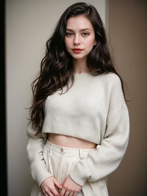 Photographic portrait, cute 18 year old woman, pale skin, highly detailed face, long black wavy hair, seducing facial expression, wearing a cozy sweater, year 1963, dark background, warm colors, RAW candid cinema, 16mm, color graded portrait. 400 film, remarkable color, ultra realistic, captured on a (Nikon D850) <lyco:add_detail:1>, RAW photo, full sharp, 8k uhd, dslr, soft lighting, high quality, film grain, Fujifilm XT3