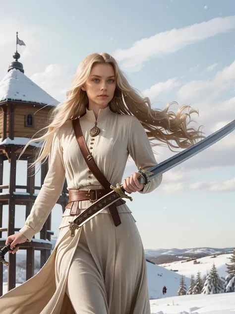 an armed woman holding a long two handed sword, long think blonde hair moved by the wind, on top of a medieval watch tower, windy winter noon, realistic fantasy illustration