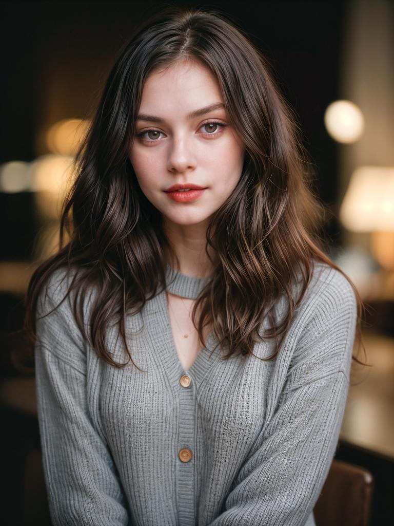 A woman with long hair and a sweater sitting in a chair - SeaArt AI