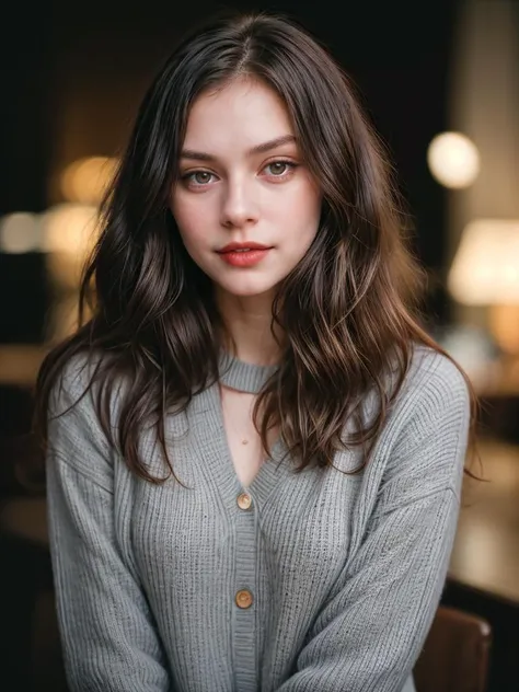 Photographic portrait, cute 18 year old woman, pale skin, highly detailed face, long black wavy hair, seducing facial expression, wearing a cozy quill bluish gray sweater, year 1963, dark background, warm colors, RAW candid cinema, 16mm, color graded portrait. 400 film, remarkable color, ultra realistic, captured on a (Nikon D850) <lyco:add_detail:1>, RAW photo, full sharp, 8k uhd, dslr, soft lighting, high quality, film grain, Fujifilm XT3