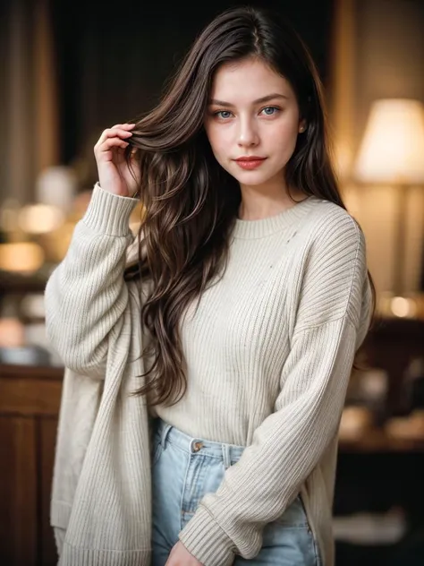 Photographic portrait, cute 18 year old woman, pale skin, highly detailed face, long black wavy hair, seducing facial expression, wearing a cozy sweater, year 1963, dark background, warm colors, RAW candid cinema, 16mm, color graded portrait. 400 film, remarkable color, ultra realistic, captured on a (Nikon D850) <lyco:add_detail:1>, RAW photo, full sharp, 8k uhd, dslr, soft lighting, high quality, film grain, Fujifilm XT3