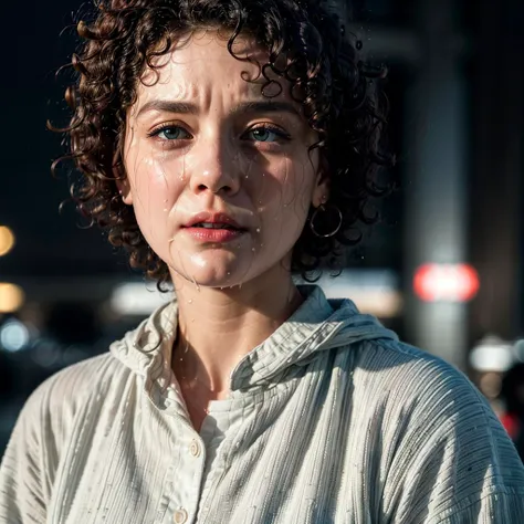 new york view, night sky, building as the main background, <lora:add_detail:0.8>, 1girl, (8k, photorealistic, realistic, 8k unity wallpaper), (hyper-realistic, depth of field, cinematic), (scared:1.6) american woman looking at the camera with (short curly hair:1.7), wind, (masterpiece, best quality), RAW, (detailed eyes:1.6), (clear green eyes:1.2), skin tight, highly detailed, (detailed face:1.4), heavy rain, (crying with eyes open:1.2), (wet:1.2), japanese clothes, looking away, far camera, camera looking from bottom