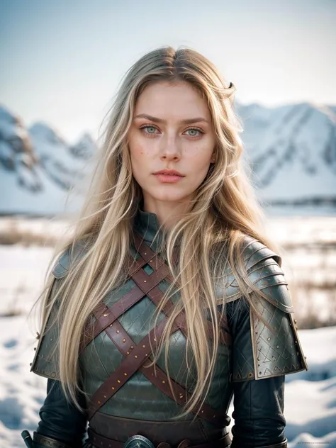 an armed female Viking warrior with leather armor, long think blonde hair moved by the wind, winter windy noon, fantasy illustration <lora:add_detail:0.7>, RAW candid cinema, 16mm, color graded portra 400 film, remarkable color, ultra realistic, textured skin, remarkable detailed pupils, realistic dull skin noise, visible skin detail, skin fuzz, dry skin, shot with cinematic camera