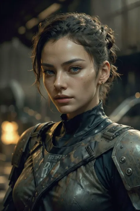 sfw, cowboy shot, high quality, 1girl, biological heavy armored battle suit, hair tied up, dynamic pose, vivid eyes, abandoned factory, dieselpunk, sci-fi, post-apocalyptic, looking at viewer, <lora:dieselpunk:0.6>, , stunning intricate photo, dynamic pose, nocturne dreamy serene atmosphere, flickering light, photorealistic, epic realistic, soft cinematic light, warm lights, dramatic light, depth of field, faded, low saturation, muted colors, complex background, hyperdetailed, hyperrealism, (skin texture:1.2), sharp focus on eyes. film grain <lora:epi_noiseoffset2:1>