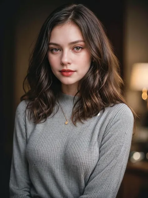 Photographic portrait, in the style of Richard Avedon, cute 18 year old woman, pale skin, highly detailed face, long black wavy hair, seducing facial expression, wearing a cozy quill bluish gray vertical-striped sweater, year 1963, dark background, warm colors, RAW candid cinema, 16mm, color graded portrait. 400 film, remarkable color, ultra realistic, captured on a (Nikon D850) <lyco:add_detail:1>, RAW photo, full sharp, 8k uhd, dslr, soft lighting, high quality, film grain, Fujifilm XT3