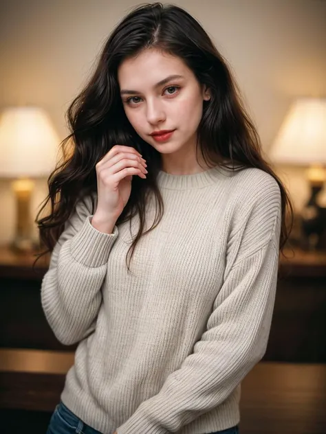 Photographic portrait, in the style of Richard Avedon, cute 18 year old woman and her Valentine's day gift, pale skin, highly detailed face, long black wavy hair, seducing facial expression, wearing a cozy sweater, 1950s, dark background, warm colors, RAW candid cinema, 16mm, color graded portrait. 400 film, remarkable color, ultra realistic, captured on a (Nikon D850) <lyco:add_detail:1>, RAW photo, full sharp, 8k uhd, dslr, soft lighting, high quality, film grain, Fujifilm XT3