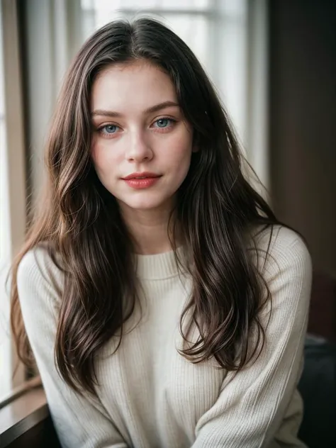Photographic portrait, cute 18 year old woman, pale skin, highly detailed face, long black wavy hair, seducing facial expression, wearing a cozy sweater, year 1963, dark background, warm colors, RAW candid cinema, 16mm, color graded portrait. 400 film, remarkable color, ultra realistic, captured on a (Nikon D850) <lyco:add_detail:1>, RAW photo, full sharp, 8k uhd, dslr, soft lighting, high quality, film grain, Fujifilm XT3