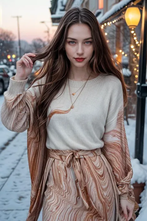 Photographic portrait, cute young slender woman, pale skin, (absurdly long wavy chocolate hair ), seducing pose, (wearing (Colorful Marbled Paper:1.2) sweater). winter outdoor, warm colors, RAW candid cinema, 16mm, ultra realistic, captured on a (Nikon D850) <lyco:add_detail:1>, RAW photo, full sharp, 8k uhd, dslr, soft lighting, high quality, film grain, Fujifilm XT3