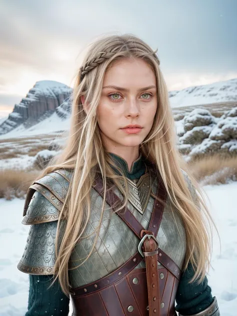 an armed female Viking warrior with leather armor, long think blonde hair moved by the wind, winter windy noon, fantasy illustration <lora:add_detail:0.7>, RAW candid cinema, 16mm, color graded portra 400 film, remarkable color, ultra realistic, textured skin, remarkable detailed pupils, realistic dull skin noise, visible skin detail, skin fuzz, dry skin, shot with cinematic camera