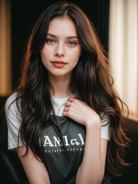Photographic portrait, cute 18 year old woman, pale skin, highly detailed face, long black wavy hair, seducing facial expression, wearing a cozy t-shirt, year 1963, dark background, warm colors, RAW candid cinema, 16mm, color graded portrait. 400 film, remarkable color, ultra realistic, captured on a (Nikon D850) <lyco:add_detail:1>, RAW photo, full sharp, 8k uhd, dslr, soft lighting, high quality, film grain, Fujifilm XT3