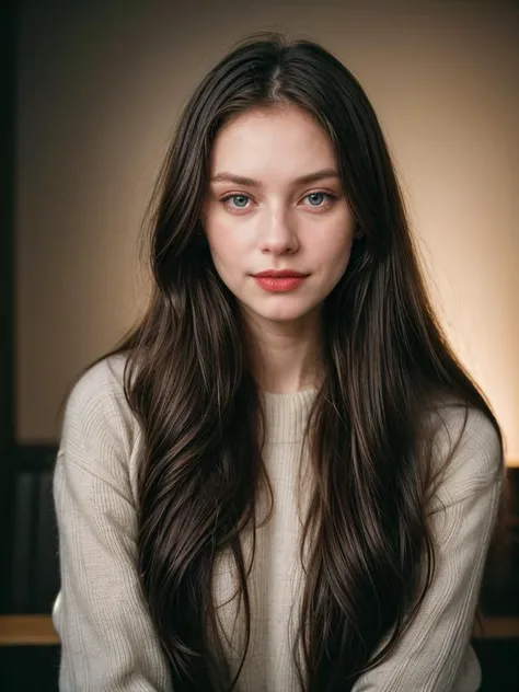 Photographic portrait, cute 18 year old woman, pale skin, highly detailed face, long black wavy hair, seducing facial expression, wearing a cozy sweater, year 1963, dark background, warm colors, RAW candid cinema, 16mm, color graded portrait. 400 film, remarkable color, ultra realistic, captured on a (Nikon D850) <lyco:add_detail:1>, RAW photo, full sharp, 8k uhd, dslr, soft lighting, high quality, film grain, Fujifilm XT3
