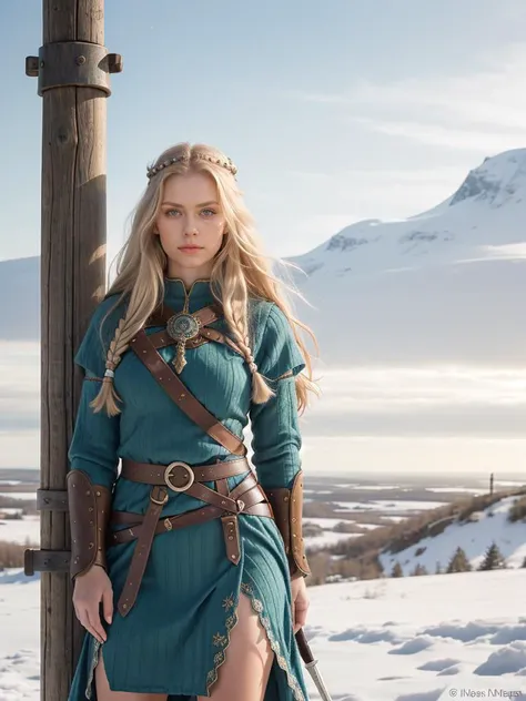 an armed female Viking warrior, long think blonde hair moved by the wind, standing on a medieval watch tower, windy winter noon, fantasy illustration