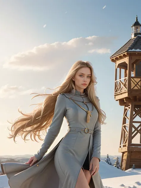 an armed woman, long think blonde hair moved by the wind, on top of a medieval watch tower, windy winter noon, realistic fantasy illustration
