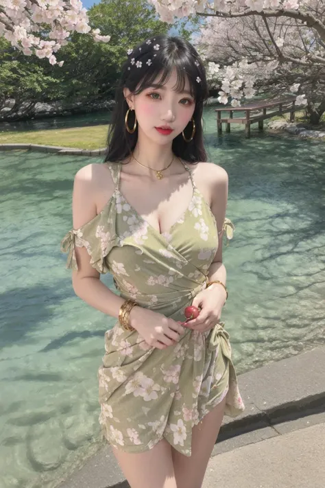 <lora:doll8:0.6>1 girl, cowboy_shot, Floral print wrap dress, Strappy sandals, Gold hoop earrings, and charm bracelet.,  Tranquil lake surrounded by blooming cherry blossoms,