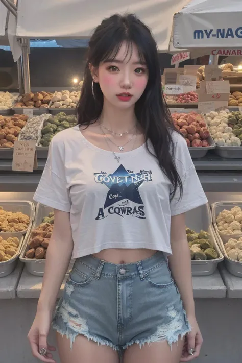 <lora:doll8:0.6>1 girl, cowboy_shot, Oversized graphic tee, Distressed denim shorts, High-top converse, Layered silver necklaces, and minimalist rings., Time-frozen marketplace, with a myriad of hovering stalls under the aurora-filled sky,