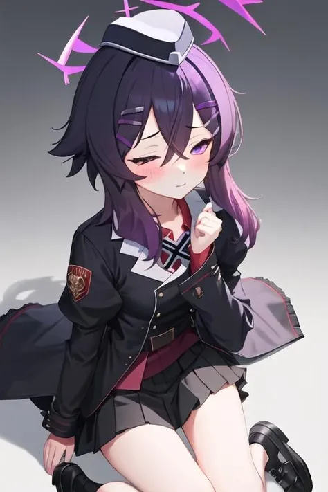best quality, masterpiece, highres, solo, {haruka_bluearchive:1.15}, purple_hair, bangs, hair_between_eyes, purple_eyes, hair_ornament, halo, blush, hairclip, hat, garrison_cap, 1girl, black_headwear, black_jacket, black_skirt, chibi, collared_shirt, jacket, long_sleeves, pleated_skirt, puffy_sleeves, shirt, skirt, white_background, black_footwear, closed_eyes, facing_viewer, full_body, holding, red_shirt, black_hair, closed_mouth, gradient_hair, multicolored_hair, shoes