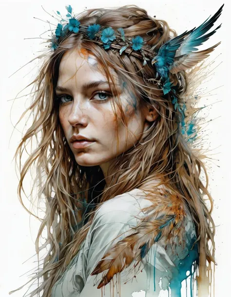 Art by Carne Griffiths, 3/4 body,18 years old, Valkyrie, perfect face, perfect body, transparent silk clothes, perfect digital painting, detailed, sharp, oil paint, Realistic, long and voluminous hair, detailed masterpiece, best image quality., Mysterious,