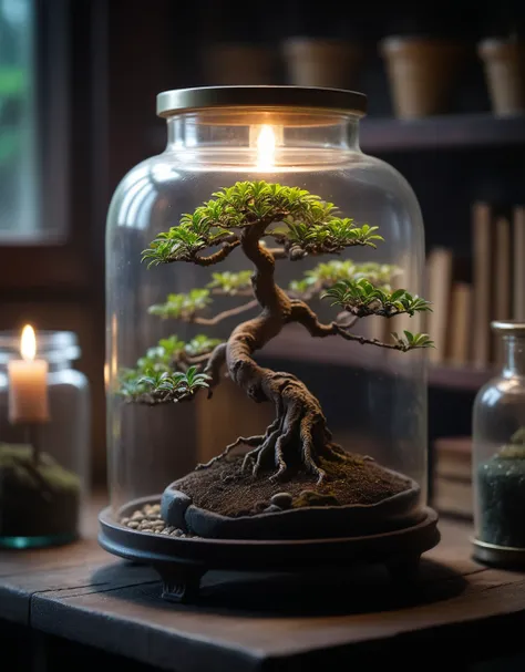 masterpiece, professional photography, close-up of a miniature bonzai tree enclosed in an old glass jar, alchemist's workshop (gloomy atmosphere, dust, details, subdued lighting), cinematic lighting, dramatic, amazing depth of field, shot on Lumix GH5 (cinematic bokeh, dynamic range, vibrant colors)