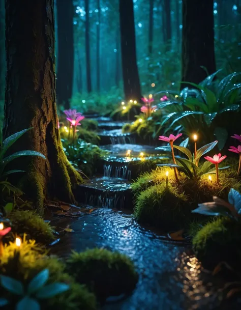 (((masterpiece))),(best quality),((ultra-detailed)), professional,gimicalmas,35mm photograph,4k, fairy forest in the middle of the night it's raining,lay summer,night,rain,macro_shot, colorful details,natural lighting,amazing composition,subsurface scattering,amazing textures,soft light,bokeh,