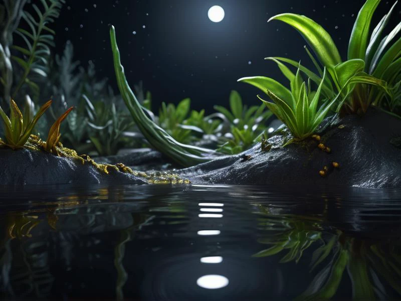 beautiful image, masterpiece, 16k, uhd, hdr, epic quality, epic detail, highest quality, ultra realism, ((stunning)), ((beautiful)), ((breathtaking)), ((awe-inspiring)), ((mind-blowing)), photograph, a dark moonless night, closeup on a tiny natural puddle of primordial ooze surrounded by historic plants, floating slime, rippling water, 3d render, sharpness throughout, perfection throughout, closeup