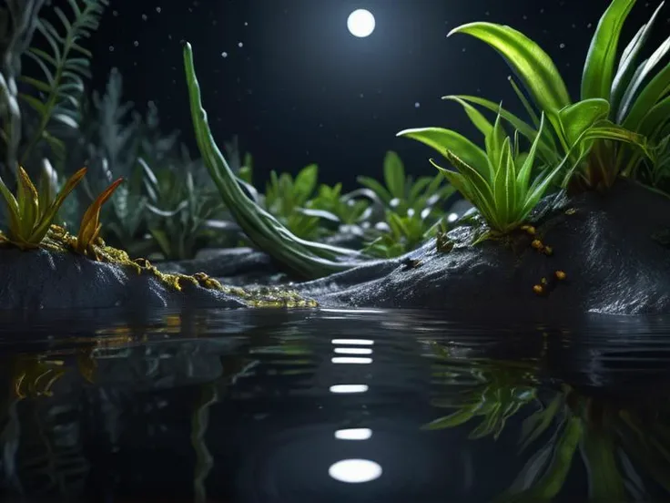 beautiful image, masterpiece, 16k, uhd, hdr, epic quality, epic detail, highest quality, ultra realism, ((stunning)), ((beautiful)), ((breathtaking)), ((awe-inspiring)), ((mind-blowing)), photograph, a dark moonless night, closeup on a tiny natural puddle of primordial ooze surrounded by historic plants, floating slime, rippling water, 3d render, sharpness throughout, perfection throughout, closeup