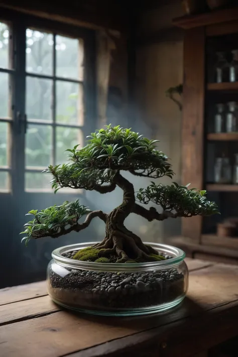 masterpiece, professional photography, close-up of a miniature bonzai tree enclosed in an old glass jar, alchemist's workshop (gloomy atmosphere, dust, details, subdued lighting), cinematic lighting, dramatic, amazing depth of field, shot on Lumix GH5 (cinematic bokeh, dynamic range, vibrant colors)