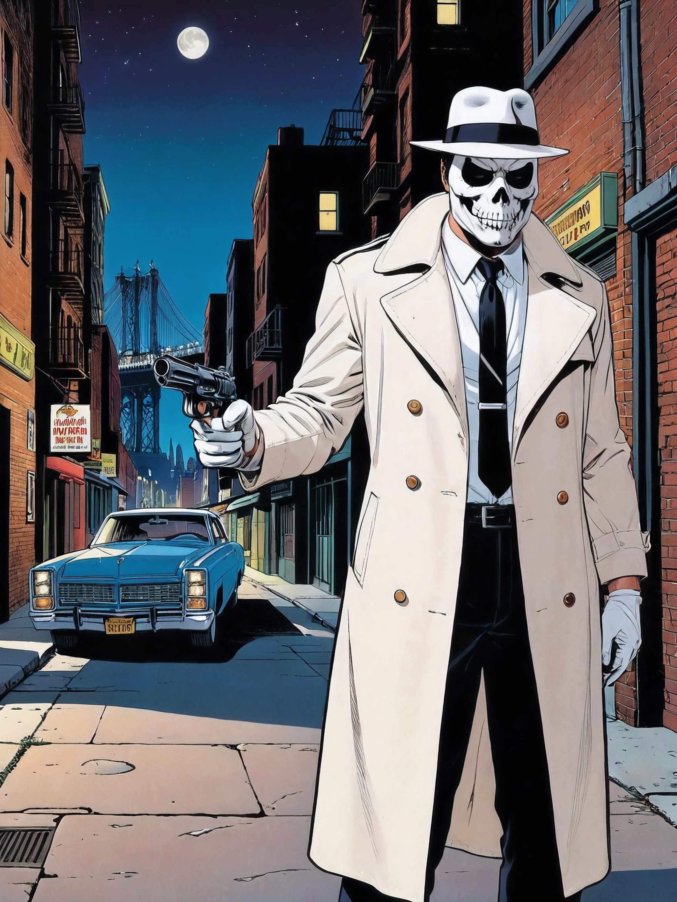 1970s comic book illustration, supervillain in a buttoned white trenchcoat, white skull mask, white fedora, pointing a submachine gun, white shirt, face in shadow, white pants, white tie. white gloves, new york city alley at night in background,
