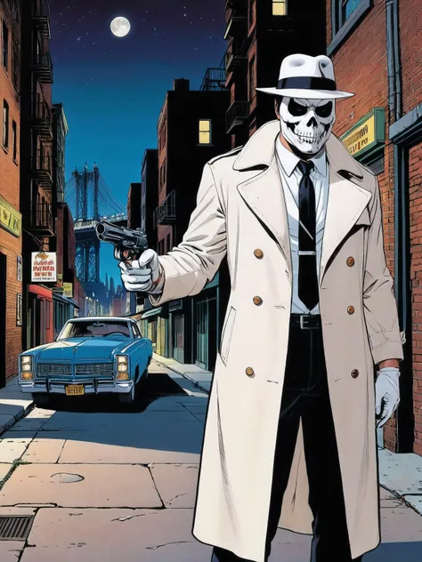 1970s comic book illustration, supervillain in a buttoned white trenchcoat, white skull mask, white  fedora, pointing a submachine gun, white shirt, face in shadow, white pants, white tie. white gloves, new york city alley at night in background,